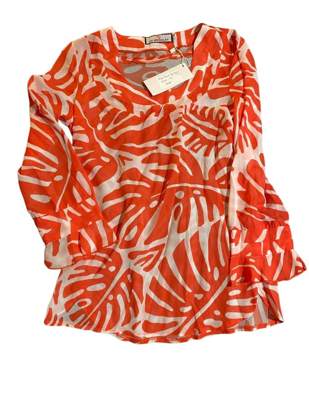 CK Bradley women’s coral, orange & white palm print sheer blouse XS